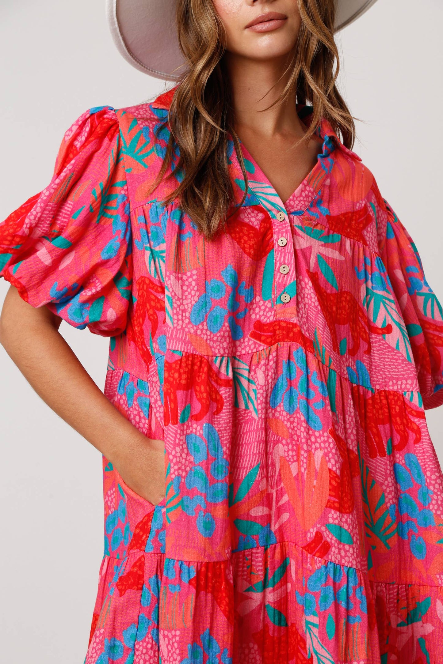 Tropical Cheetah Bubble Sleeve Dress