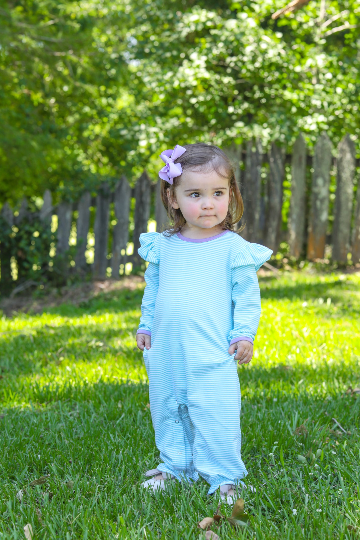 Francis Romper- Mint Stripe & Dark Lavender