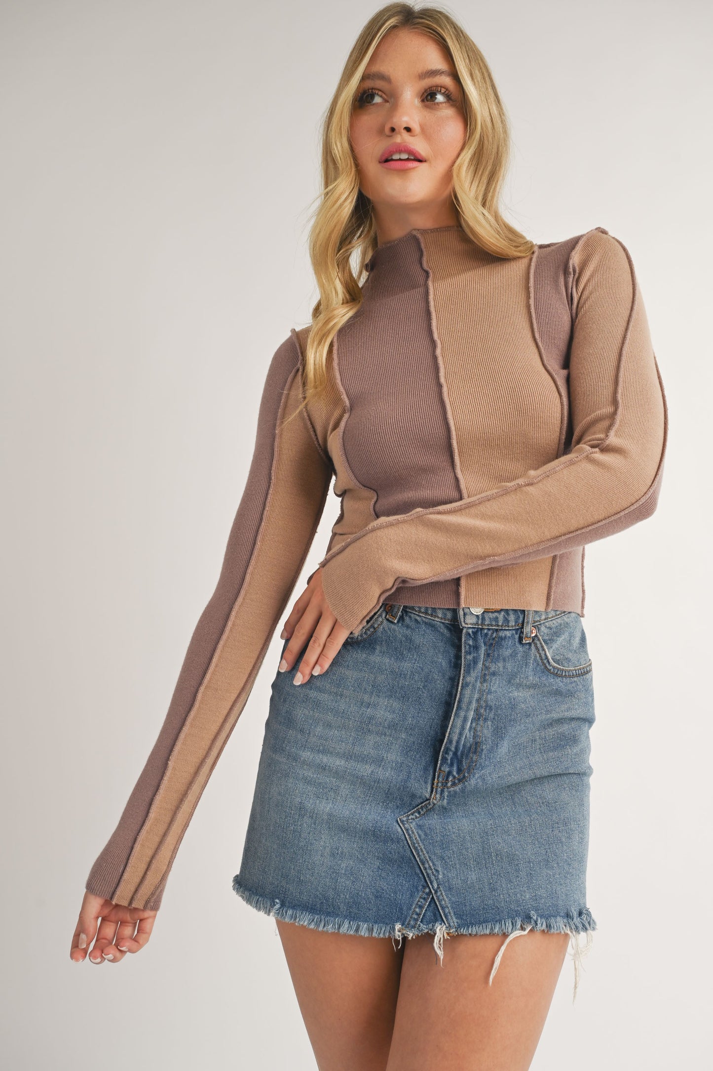 Long Sleeve Mock Neck Color Block Top