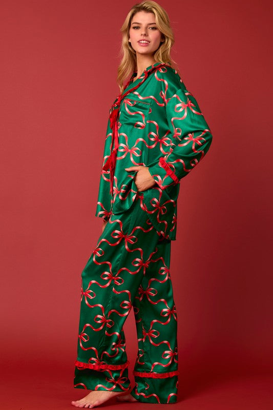 Satin Red & Green Bows Christmas Pajama Set
