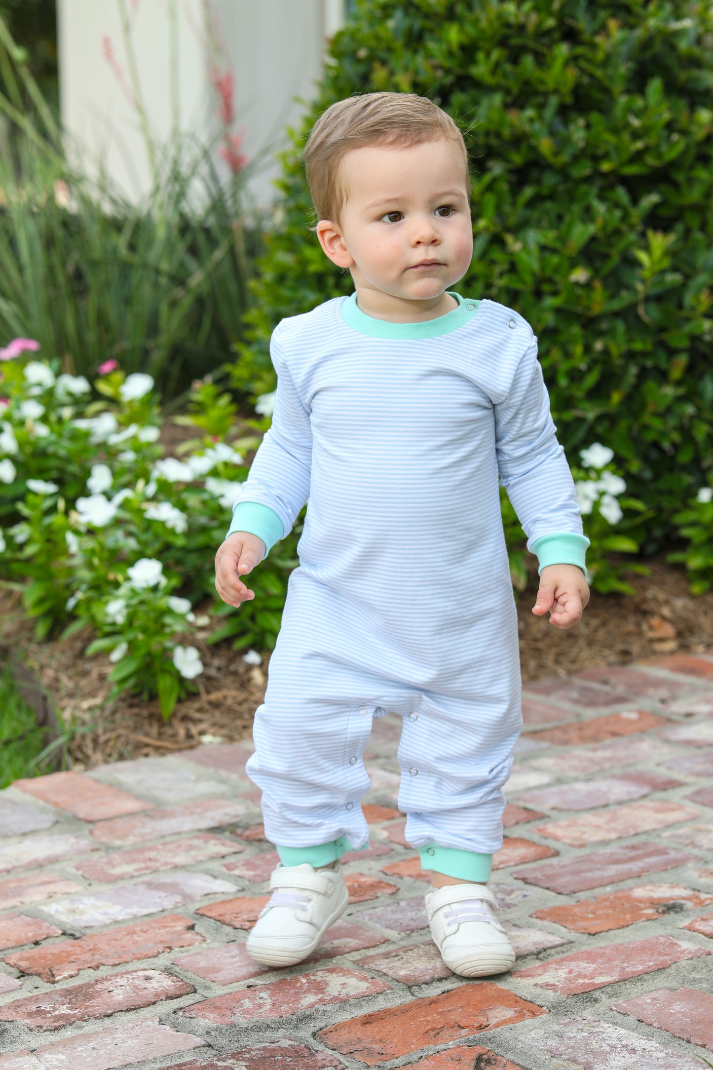 Thomas Romper- Light Blue Stripe & Mint
