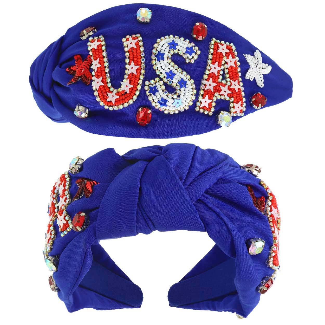 USA Patriotic Lettering Jeweled Beaded Headband: White