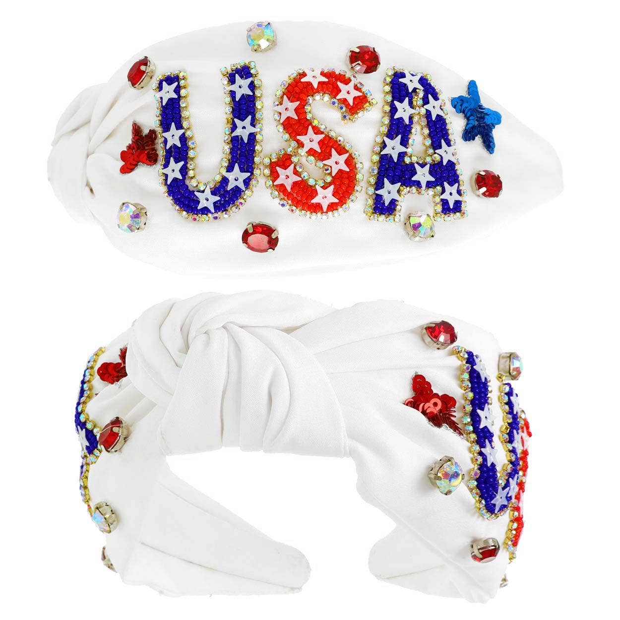 USA Patriotic Lettering Jeweled Beaded Headband: Blue