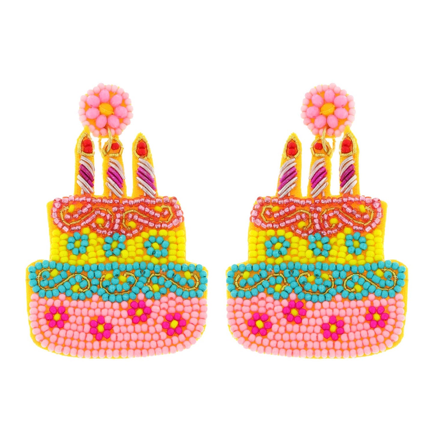 Beaded 3 Candle Birthday Cake Dangle Earrings