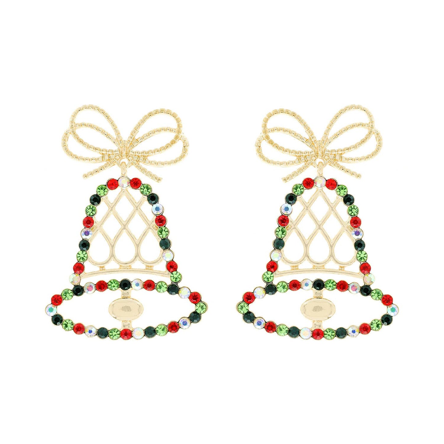 Crystal Rhinestone Gold Christmas Bell Earrings