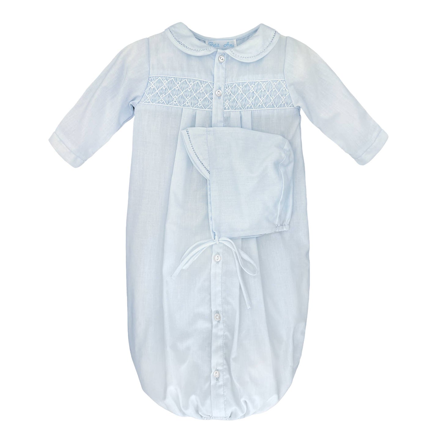 Neutral Smocked Gown: Newborn / Blue