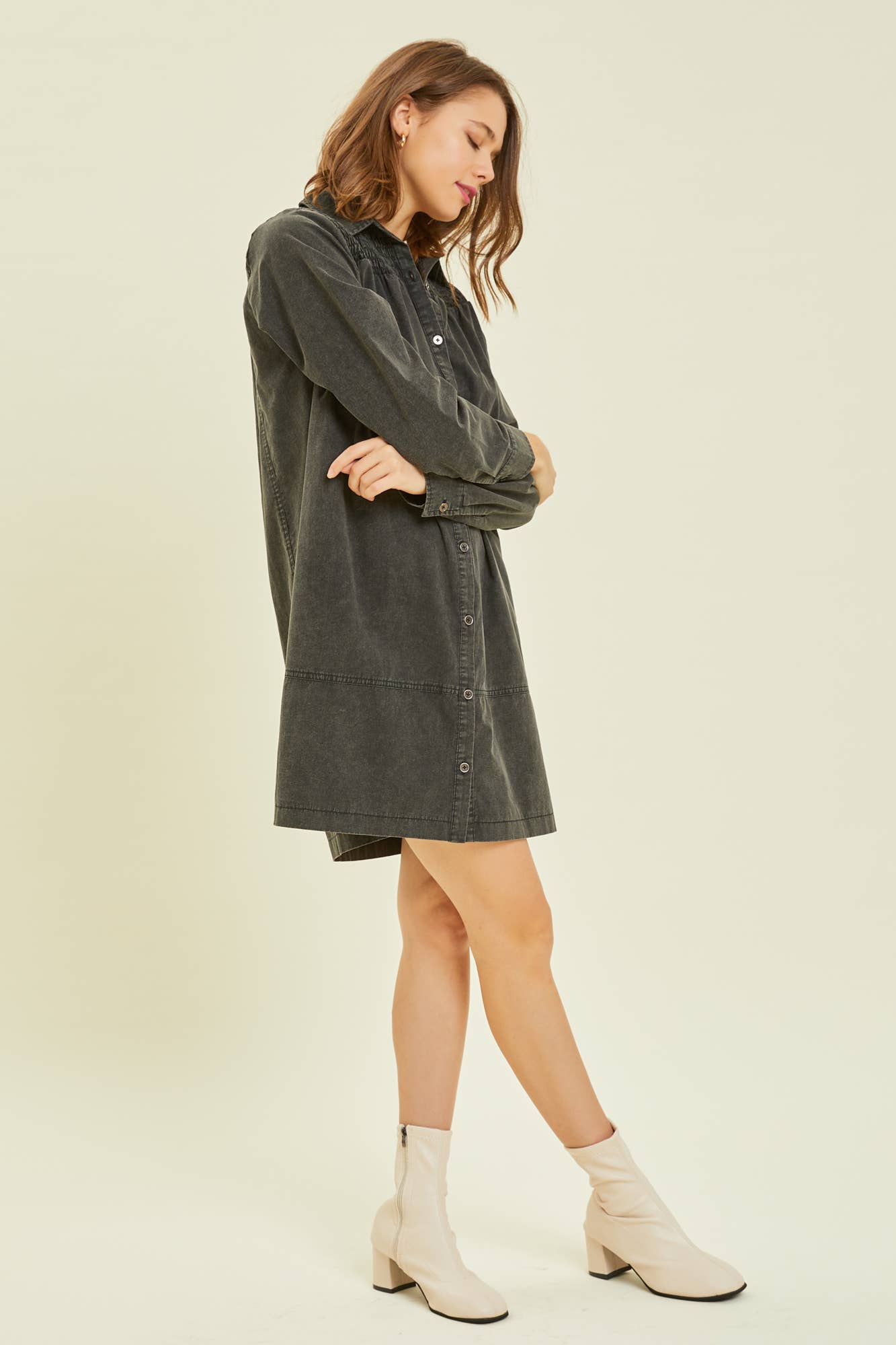 MINERAL WASHED BUTTON-DOWN SHIRT DRESS
