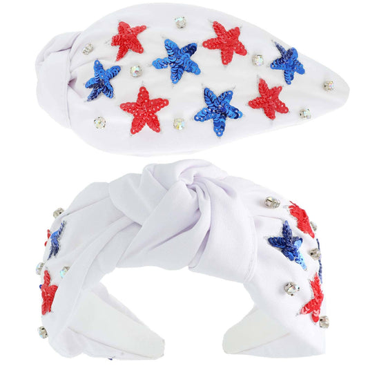 USA Patriotic Star Pattern Jeweled Sequin Headband: White