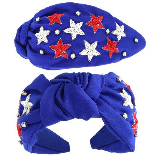 USA Patriotic Star Pattern Jeweled Sequin Headband: Blue