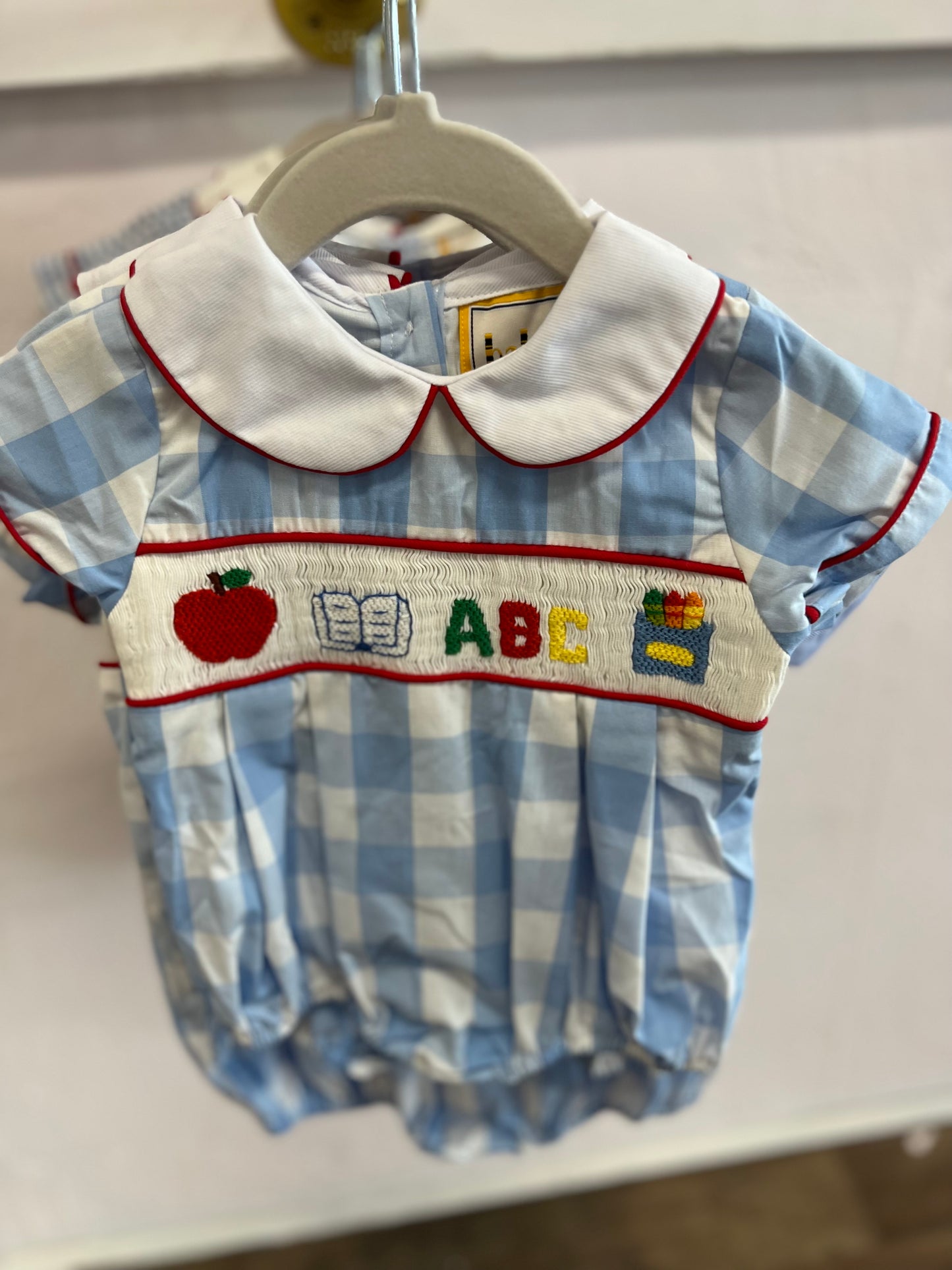 ABC smocked blue gingham boy bubble