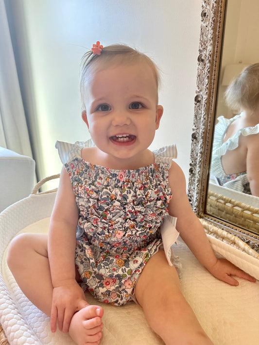 Smocked BLUE floral swimsuit