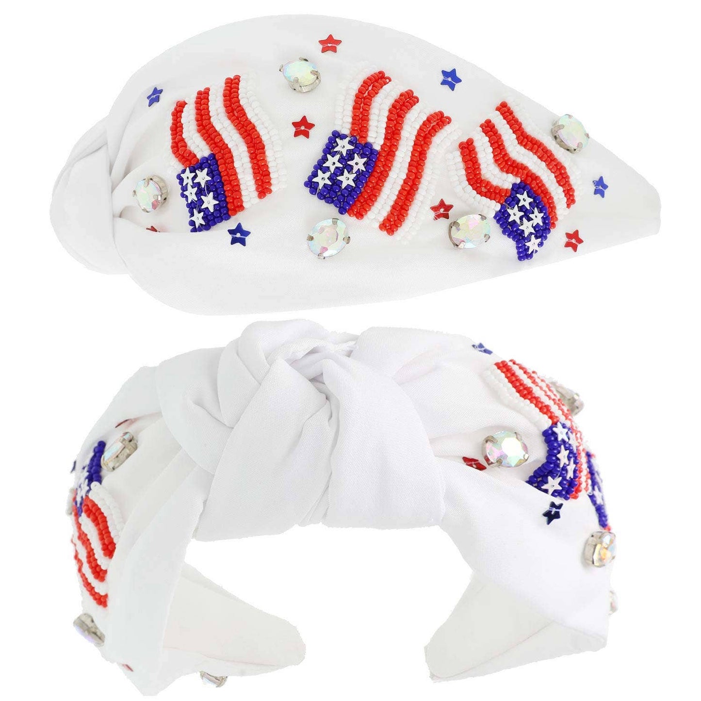 Patriotic USA Flag Jeweled Beaded Headband: White