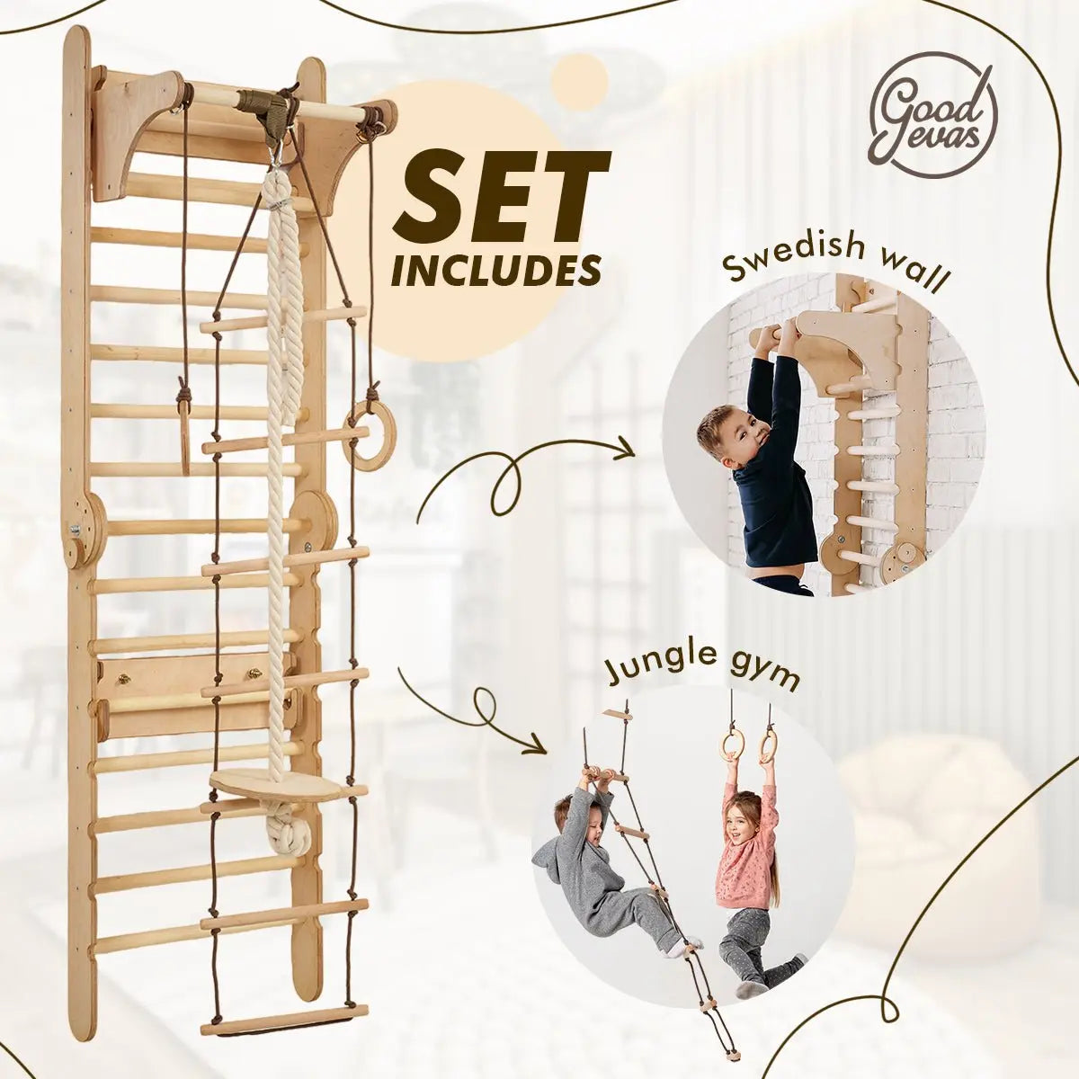 2in1 Wooden Swedish Wall / Climbing ladder for Children + Swing Set