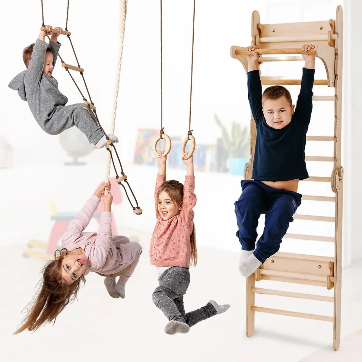 2in1 Wooden Swedish Wall / Climbing ladder for Children + Swing Set