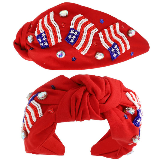 Patriotic USA Flag Jeweled Beaded Headband: Red