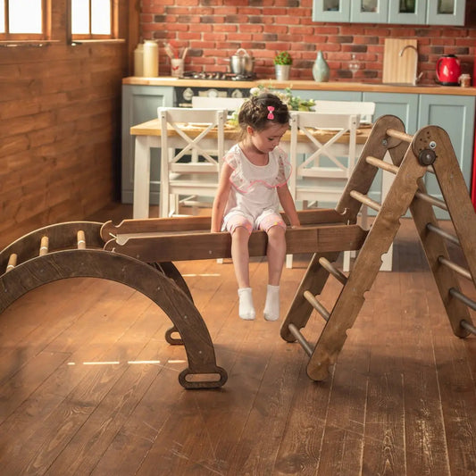 3in1 Montessori Climbing Set: Triangle Ladder + Arch/Rocker Balance + Slide Board – Chocolate