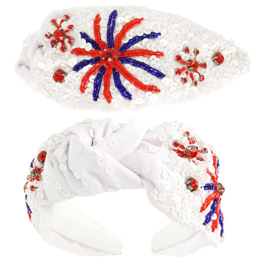 Patriotic Fireworks Sequin Top Knotted Headband: White