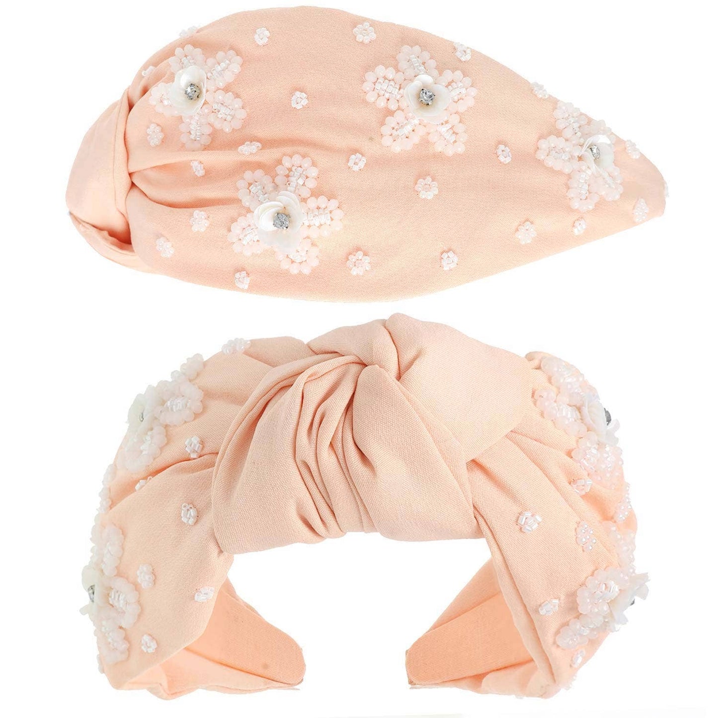 Floral Beaded Jeweled Top Knotted Headband: Pink