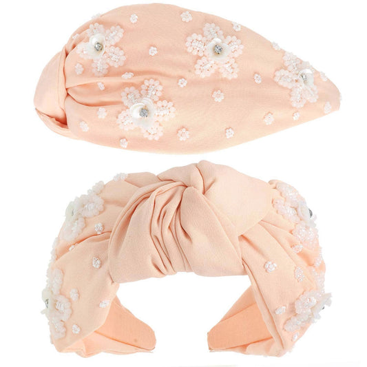 Floral Beaded Jeweled Top Knotted Headband: Pink