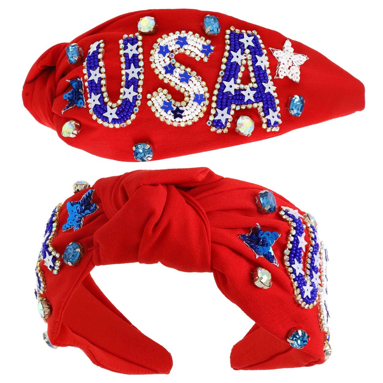 USA Patriotic Lettering Jeweled Beaded Headband: Red