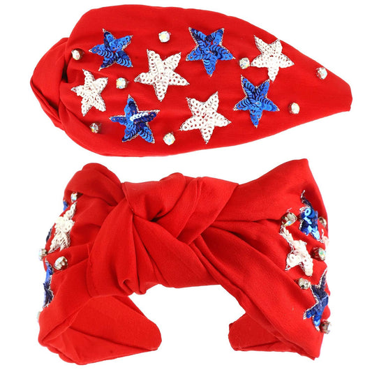 USA Patriotic Star Pattern Jeweled Sequin Headband: Red