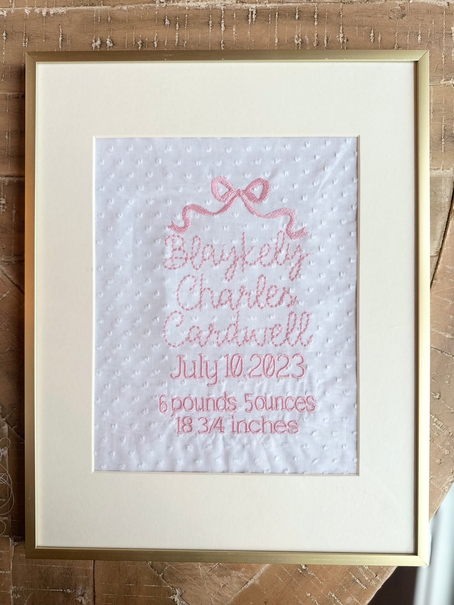 Custom Embroidered Birth Announcement Wall Art (frame not included)