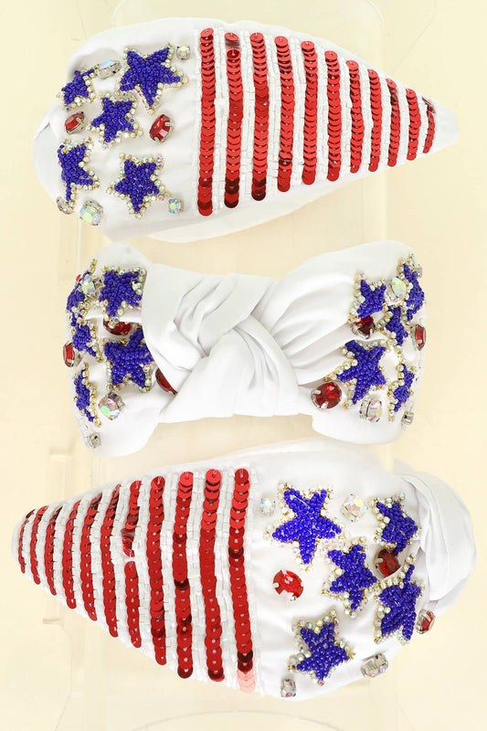 Patriotic USA Flag Beaded Top Knotted Headband