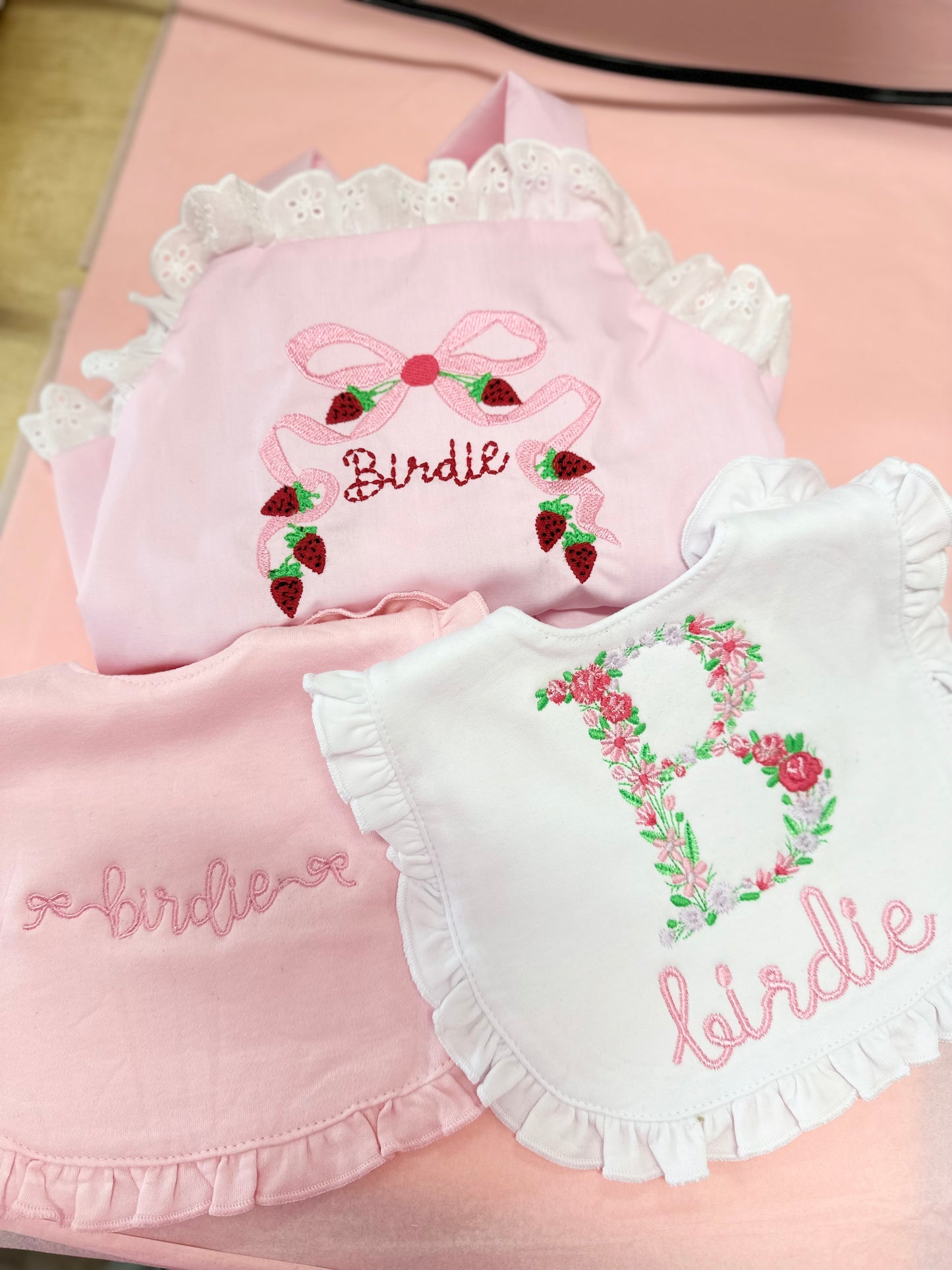 Embroidered Ruffle Bib & Ruffle Burp Cloth