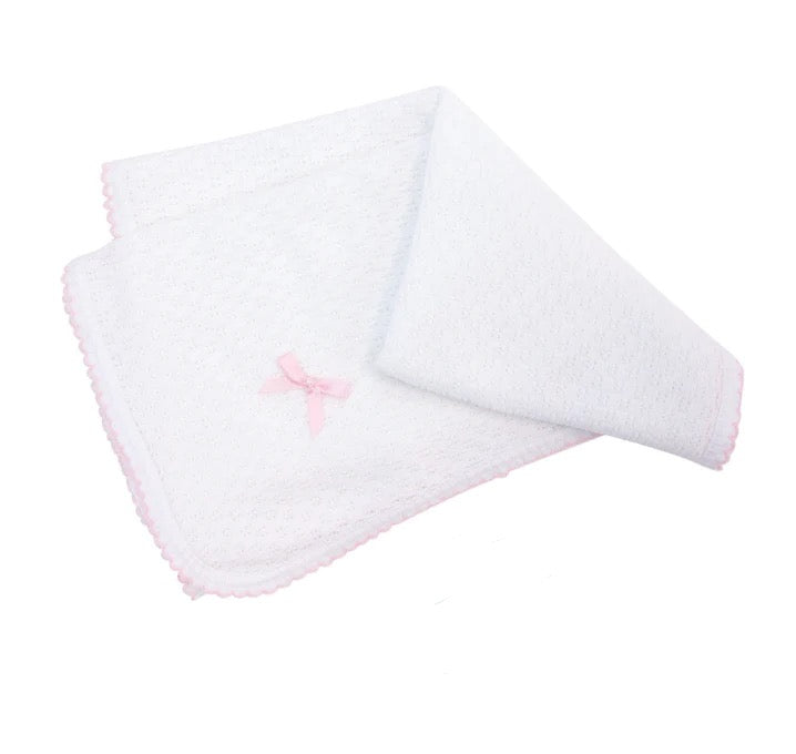 Paty Knit white blankets (pink, blue, white trim options)