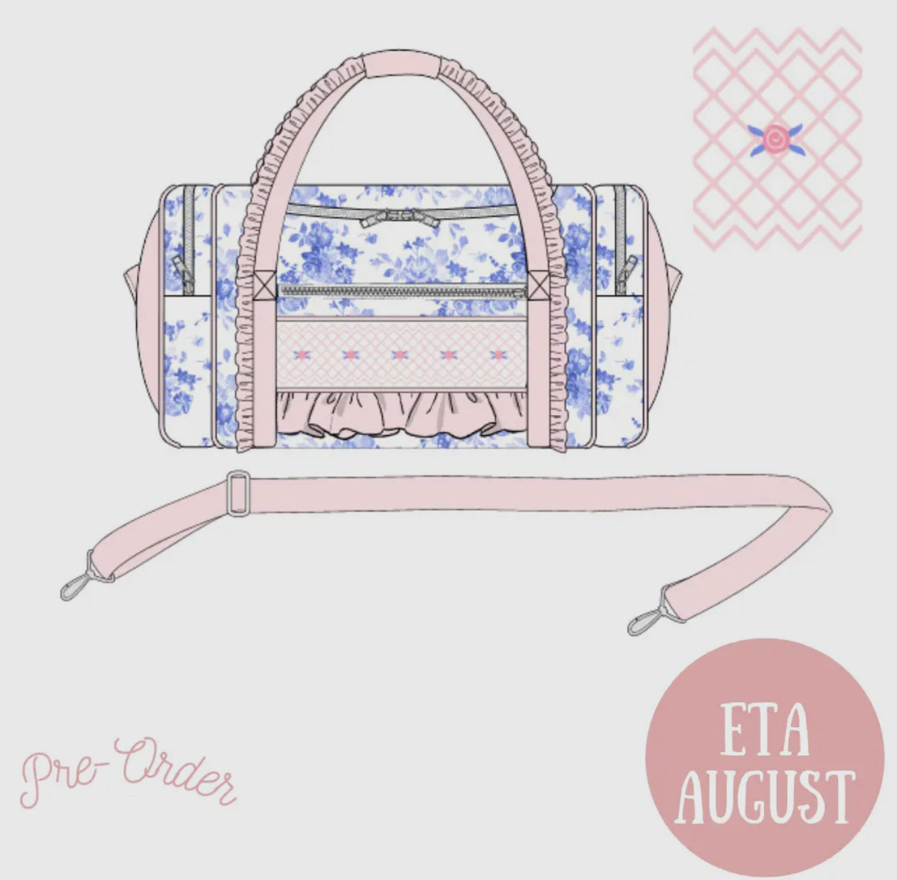 Blue & white floral with smocked roses collection (backpack, duffel bag, toiletry/travel bag)