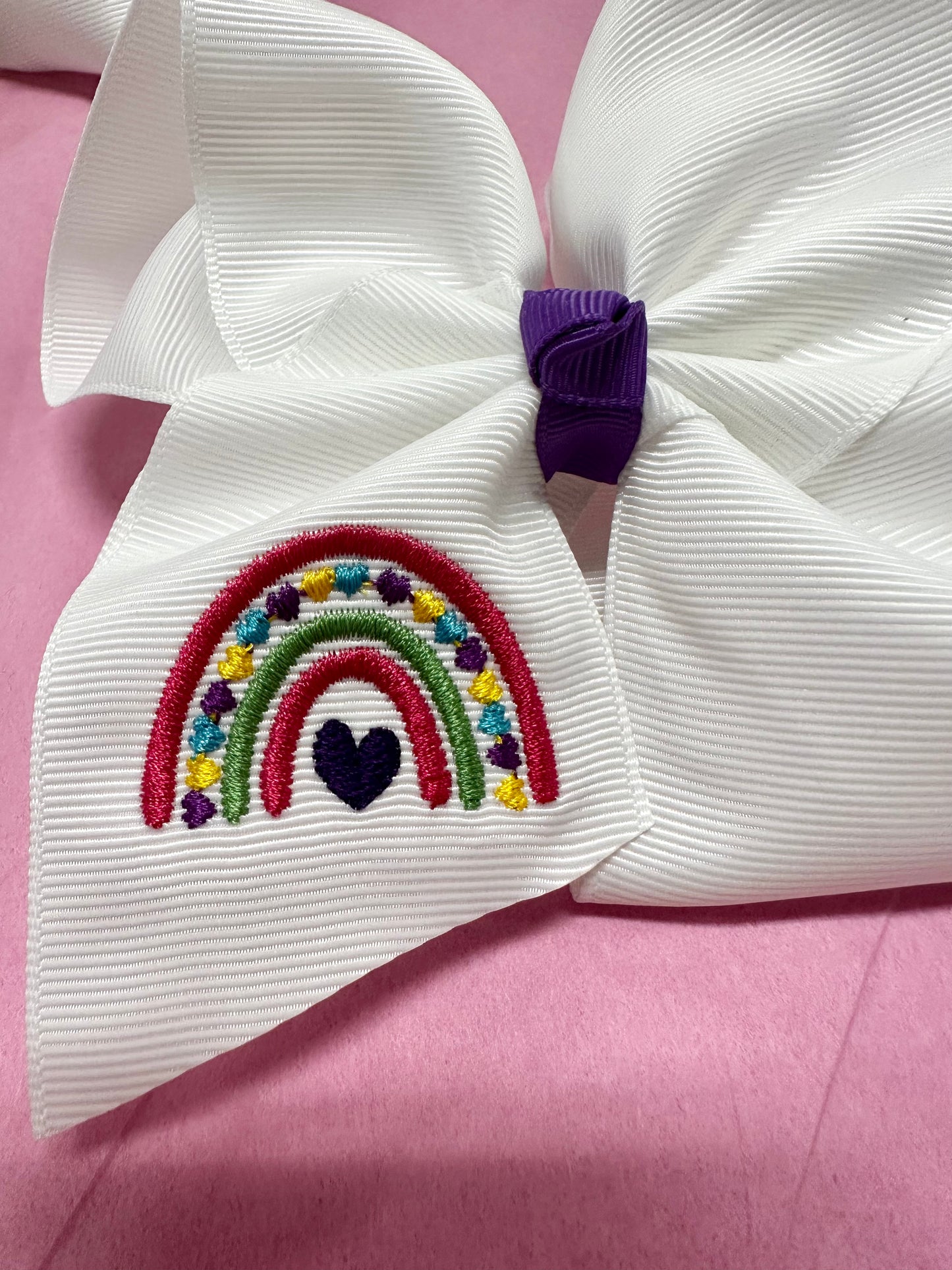 Rainbow Hearts Embroidered Bow
