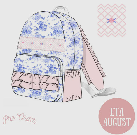 Blue & white floral with smocked roses collection (backpack, duffel bag, toiletry/travel bag)