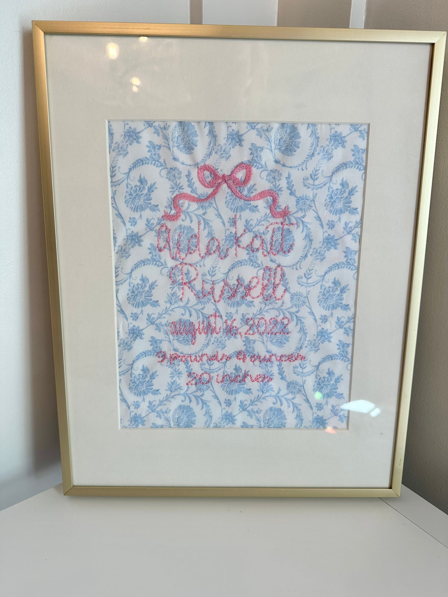 Custom Embroidered Birth Announcement Wall Art (frame not included)
