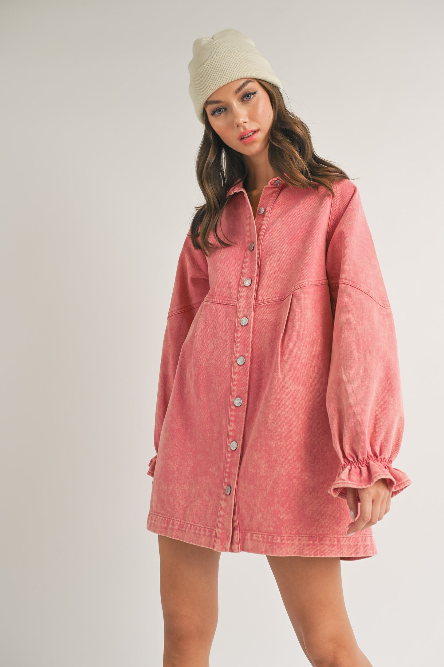 Denim Button Down Tunic Dress with Ruffled Sleeves