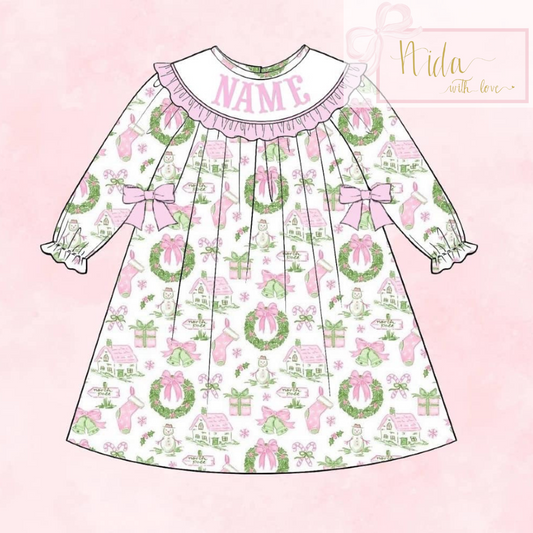 Custom Name Hand Smocked Christmas Dress(Oct)