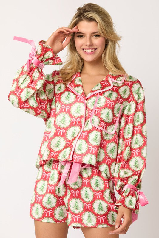 PREORDER Satin Red and Green Christmas Tree Bows Pajama Set (Oct)