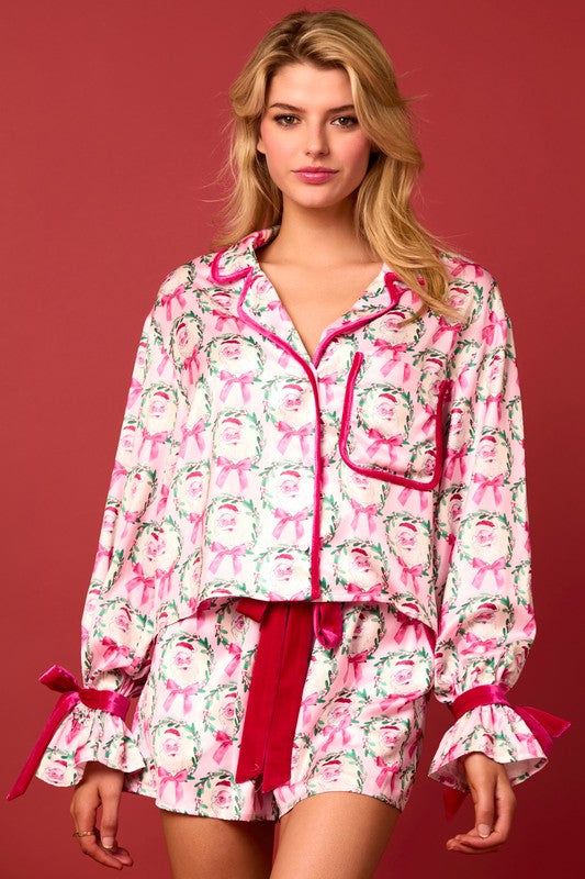 PREORDER Satin Santa & Bows Pajama Set- pink (Oct)