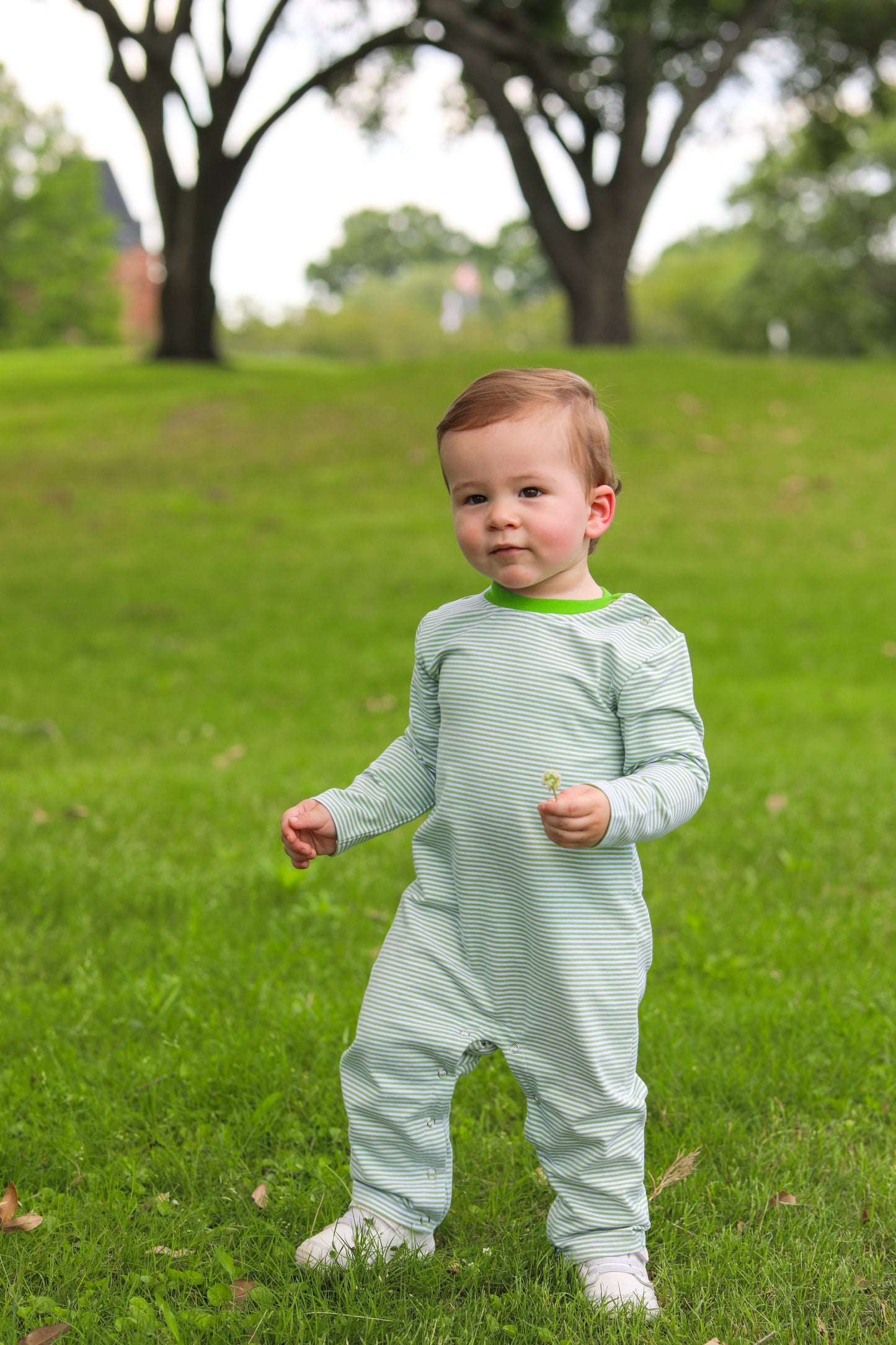 James LS Romper- Moss Green Stripe