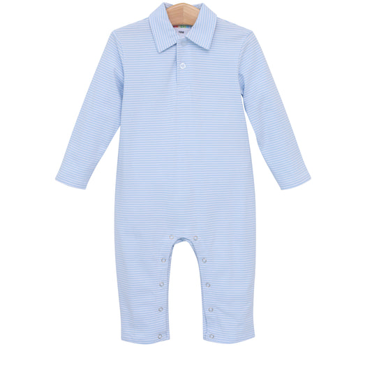 Micheal Polo LS Romper- Light Blue Stripe