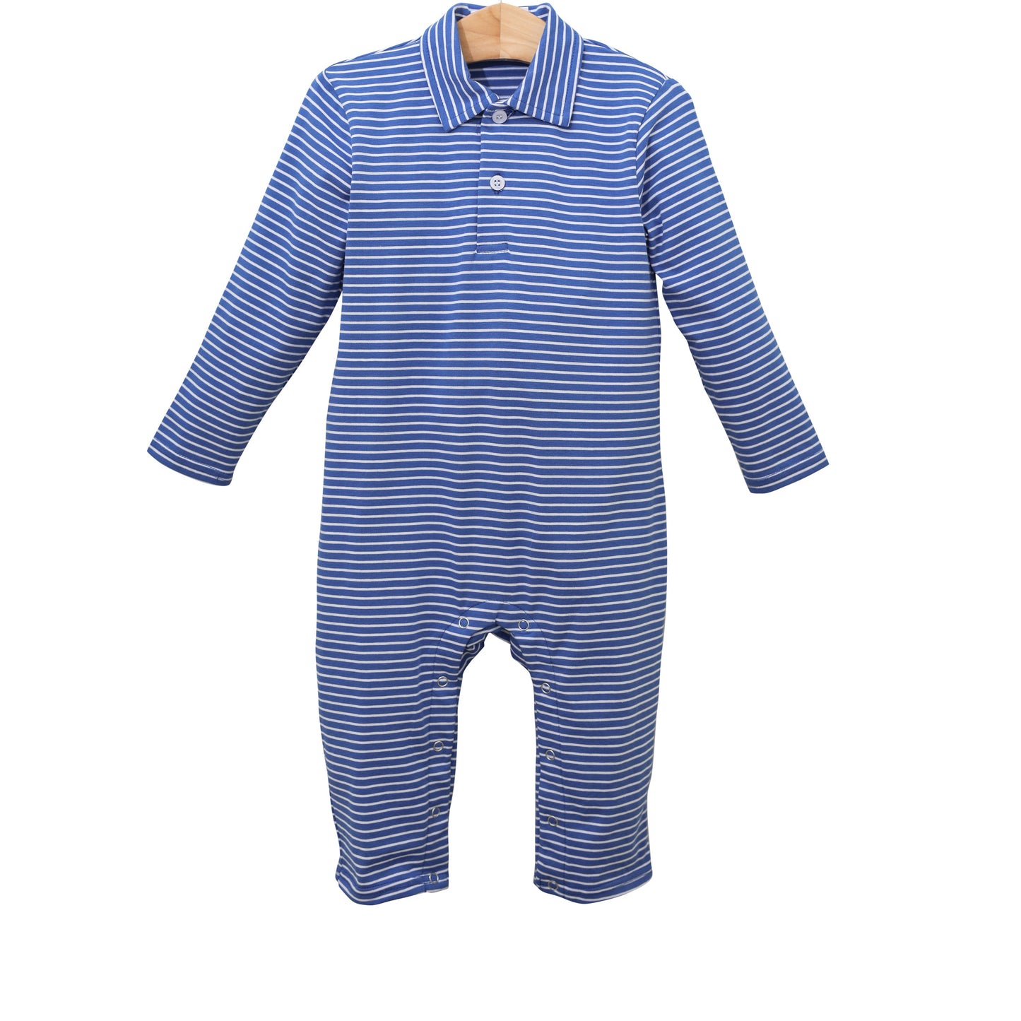 Micheal Polo LS Romper- Royal Wide Stripe