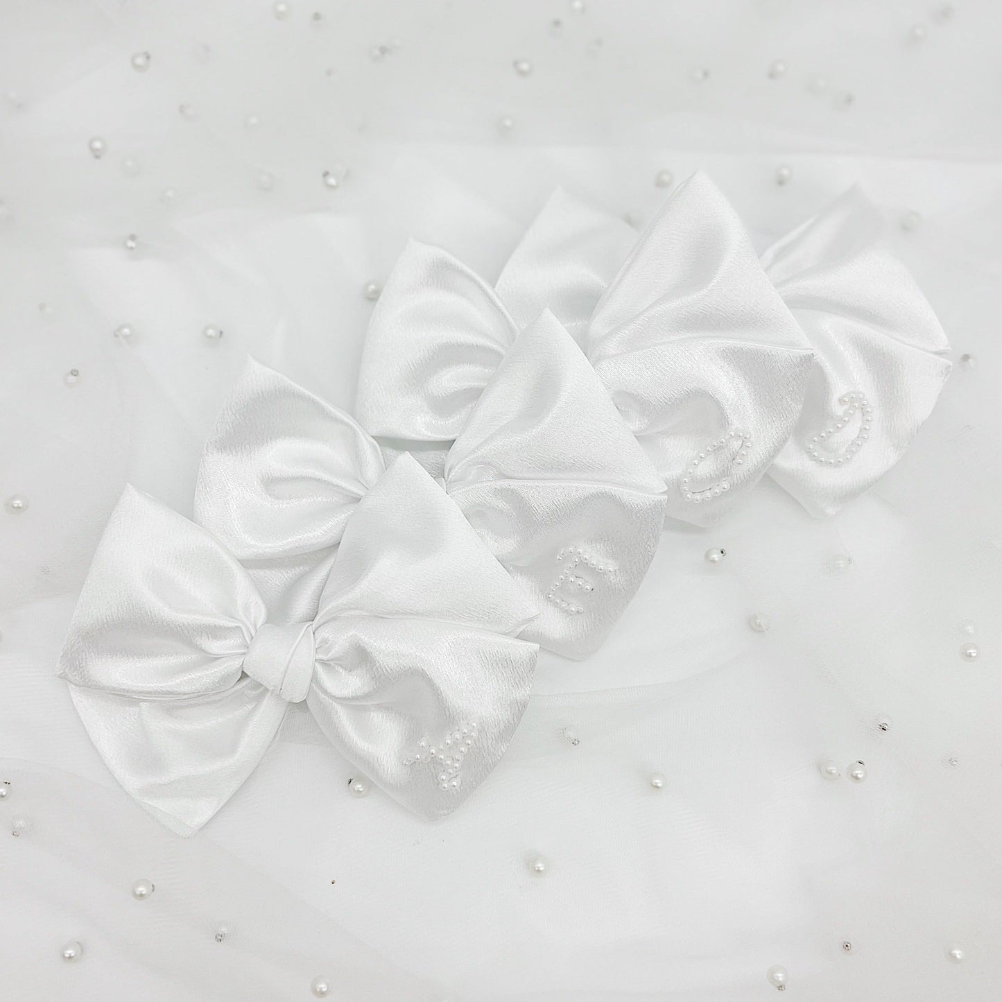 White Satin Pearl Initial Bow