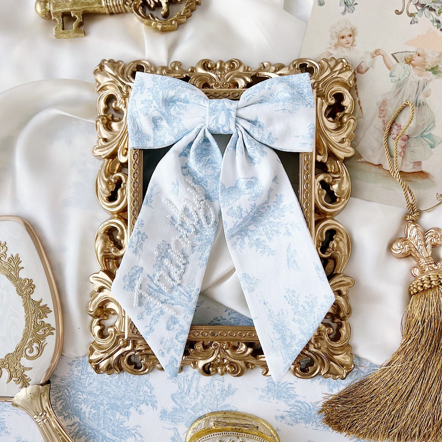 Blue Toile Sailor Pearl Bow