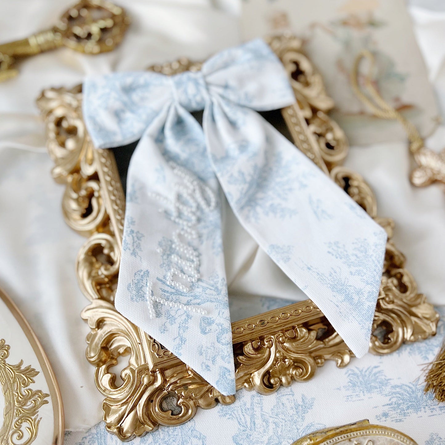 Blue Toile Sailor Pearl Bow