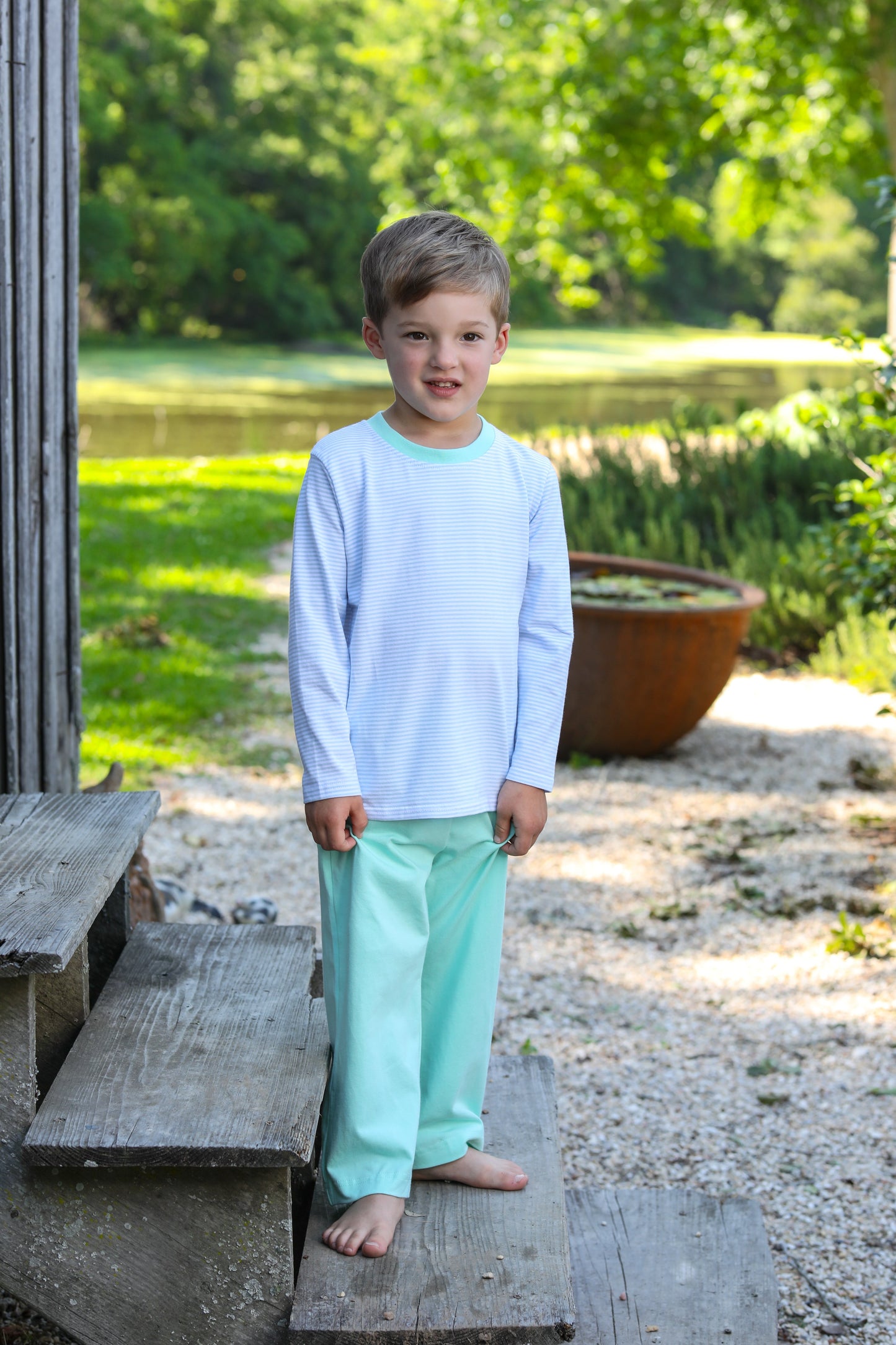 Thomas Pants Set- Light Blue Stripe & Mint