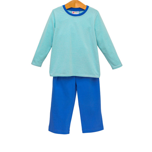 Thomas Pants Set- Mint Stripe & Cobalt