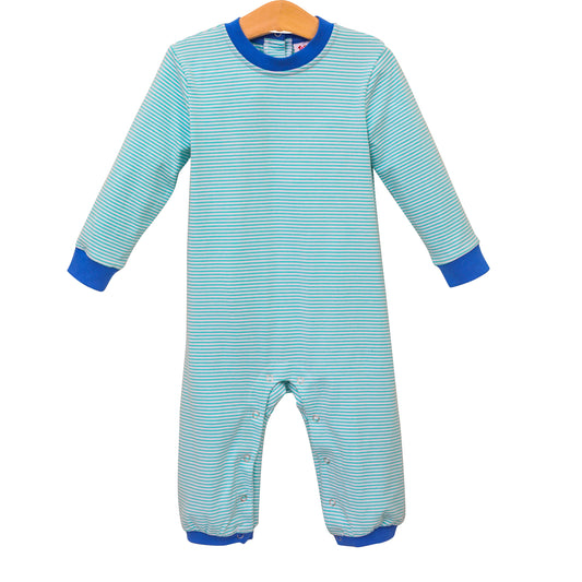 Thomas Romper- Mint Stripe & Cobalt