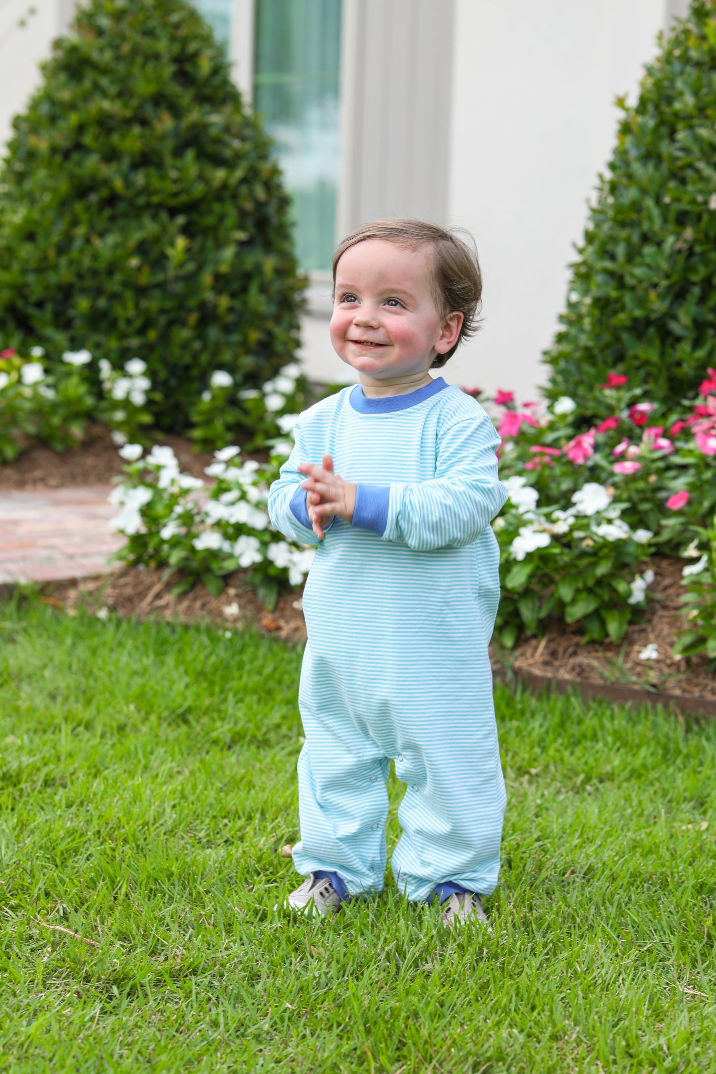 Thomas Romper- Mint Stripe & Cobalt