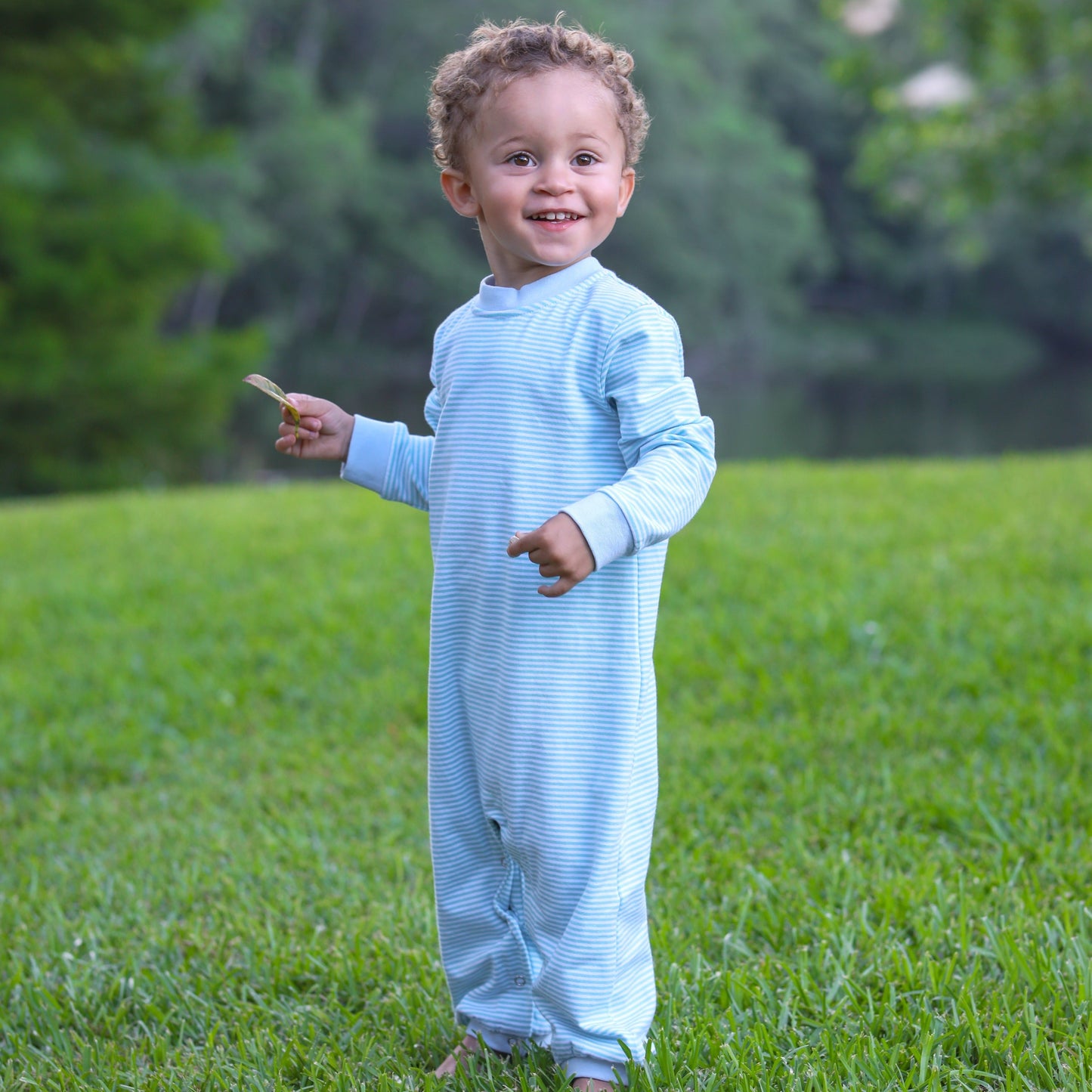 Thomas Romper- Mint Stripe & Light Blue