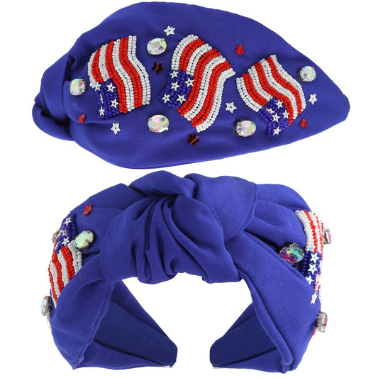 Patriotic USA Flag Jeweled Beaded Headband: Blue