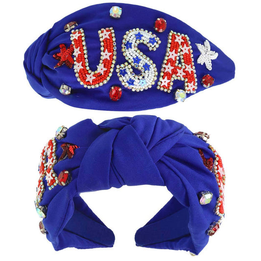 USA Patriotic Lettering Jeweled Beaded Headband: Blue